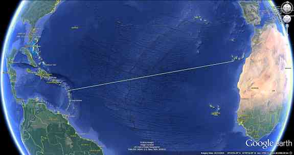 Rowing Distance from La Gomera, Canary Islands to Antigua in the Caribbean, 4,736 kilometers (2,943 miles)