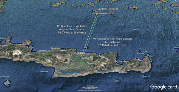 The Longest Link in my proposed Bronze Age Minoan Heliographic Network is 79.9 Miles (128.6 Kms) between Profitas Ilias Peak, Santorini (Thera) and the Peak Sanctuary Mt. Youkhtas, Crete, Southern Aegean Sea, Greece